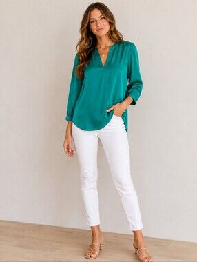 ❤️ AMANDA UPRICHARD GREEN SILK TUNIC TOP / BLOUSE, XS